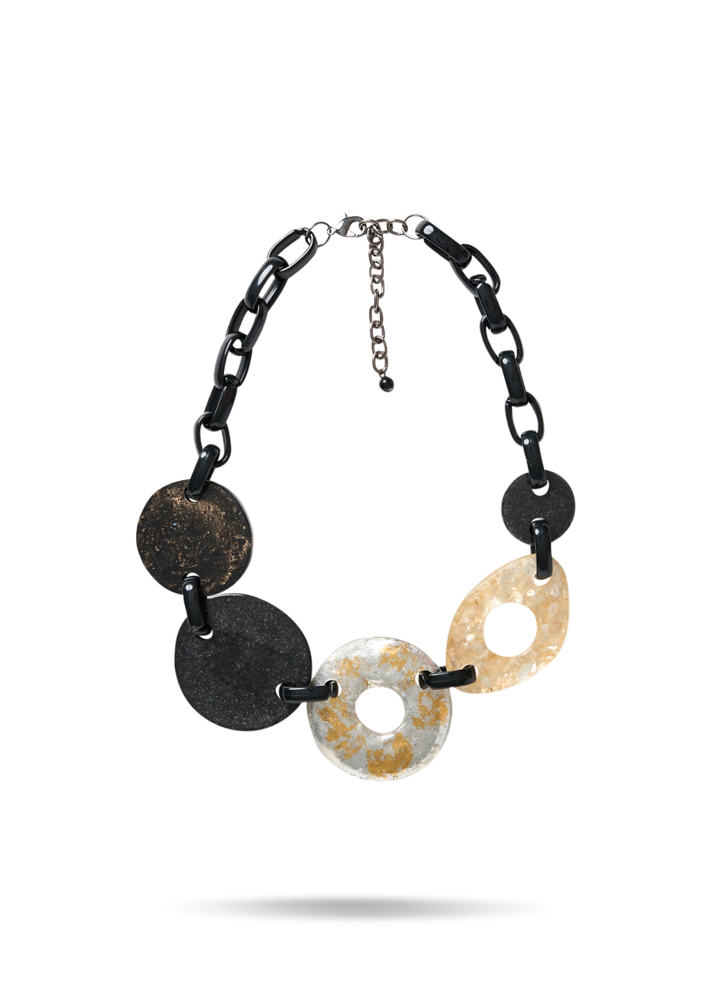 Handmade necklace resin shell fragments black silver
