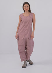 Black sleeveless overall with large pockets