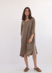 Brown asymmetric pocket rib combination dress