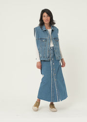 Blue wash cargo pocket maxi denim skirt