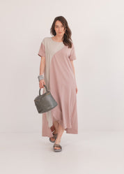 שמלה שרוול קצר שילוב שני צבעים אפור בהיר