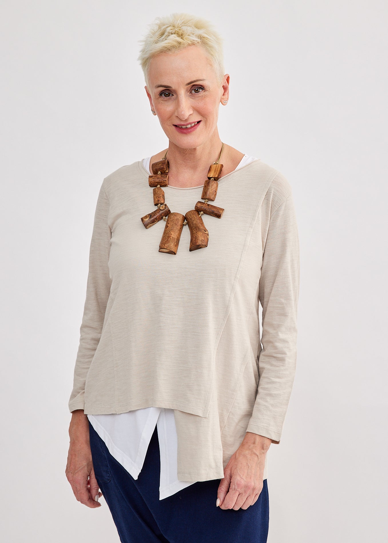 Long sleeve shirt diagonal asymmetrical stone collar