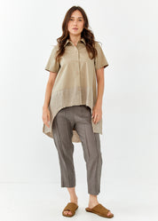 חולצה מכופתרת שרוול קצר שילוב פשתן בז