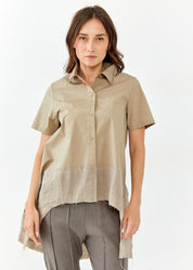 חולצה מכופתרת שרוול קצר שילוב פשתן בז