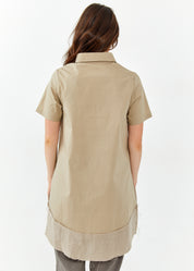 חולצה מכופתרת שרוול קצר שילוב פשתן בז