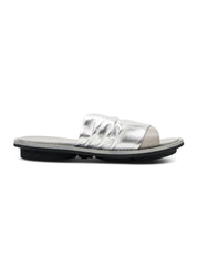 Women's Leather Slides with Pleats, Silver Accent