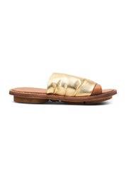 Women's leather sandals with pleated gold color combination