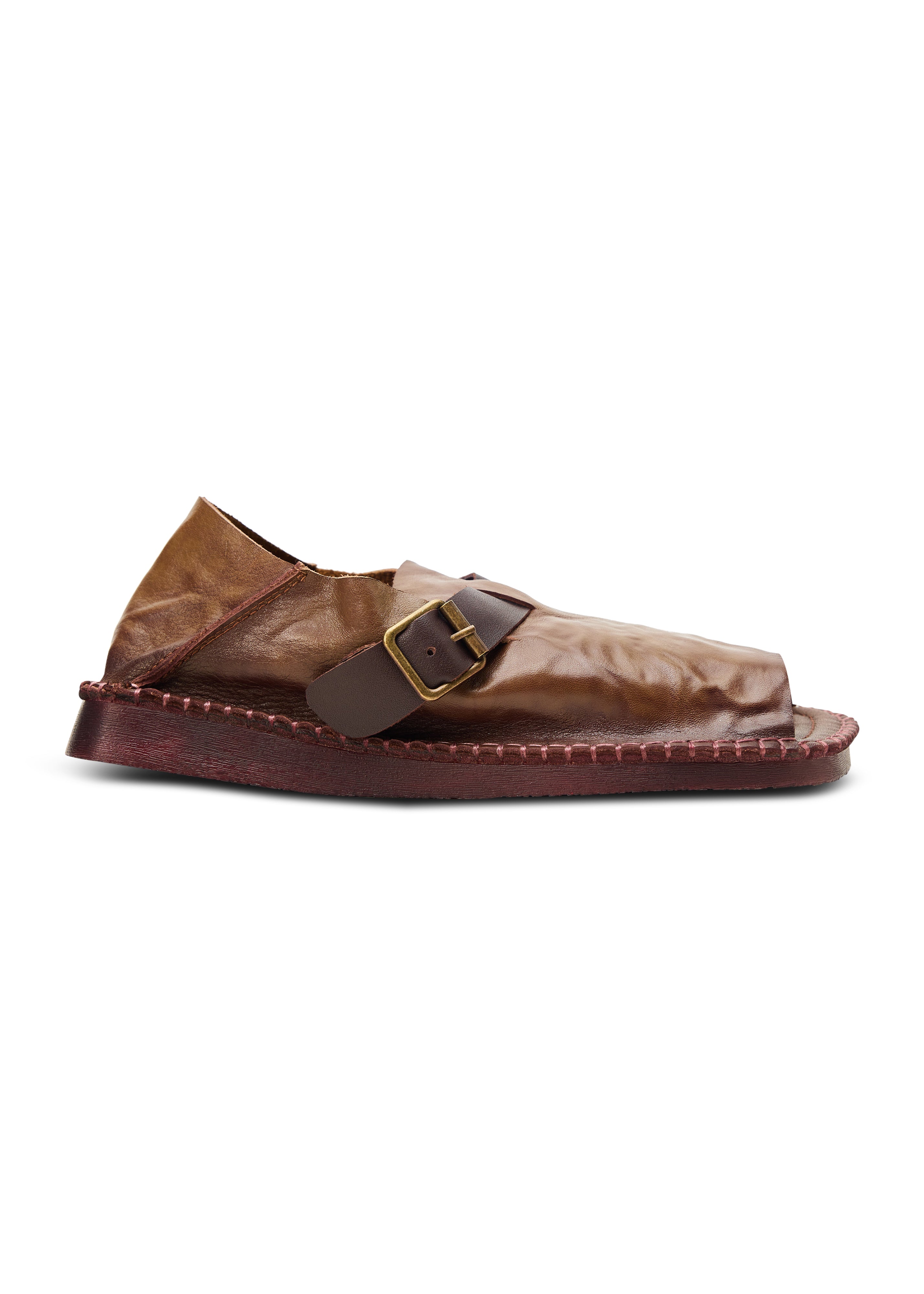 Women's soft leather sandals with a foldable heel and a brown strap