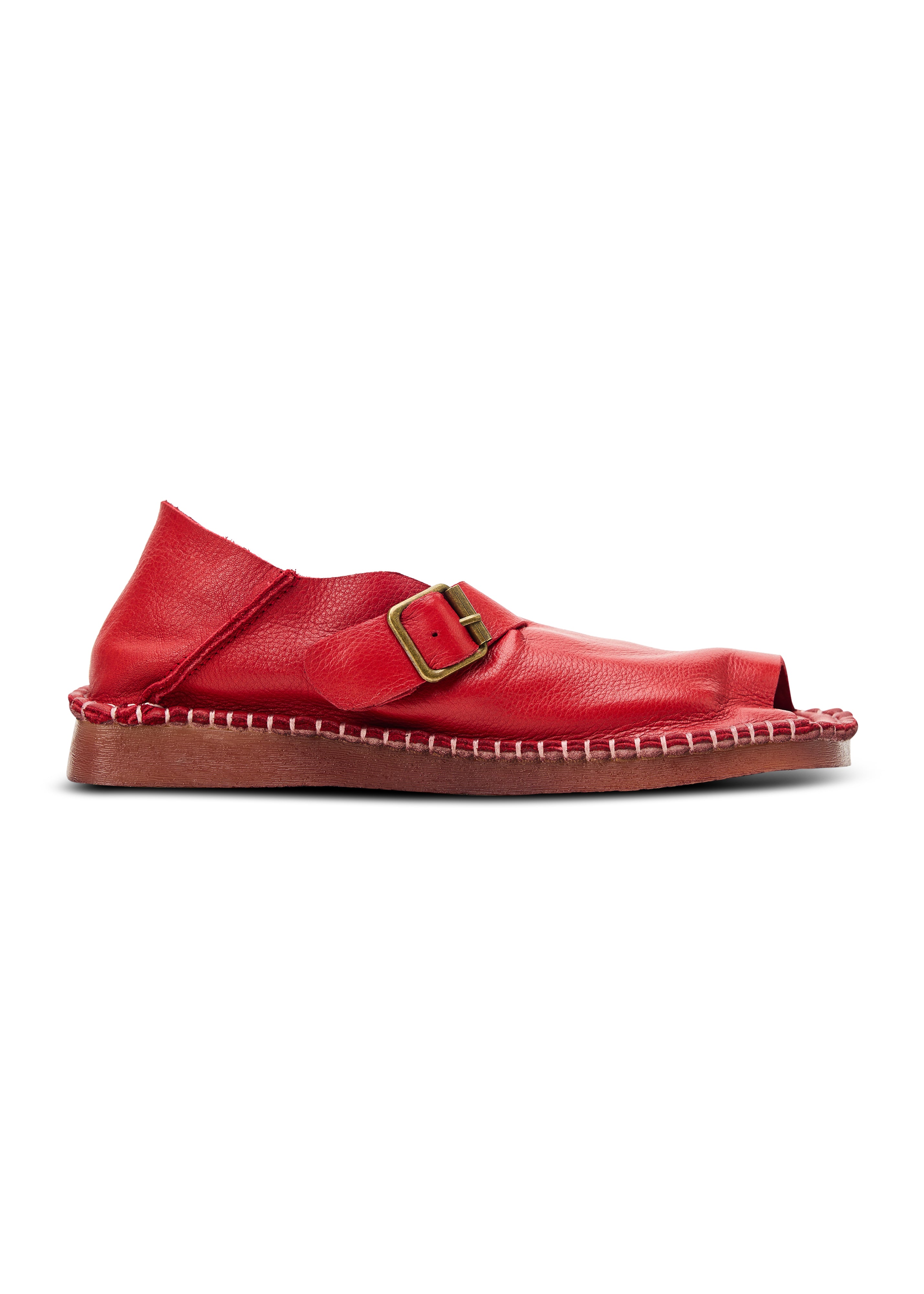 Women's sandals, soft leather, folding heel, red strap