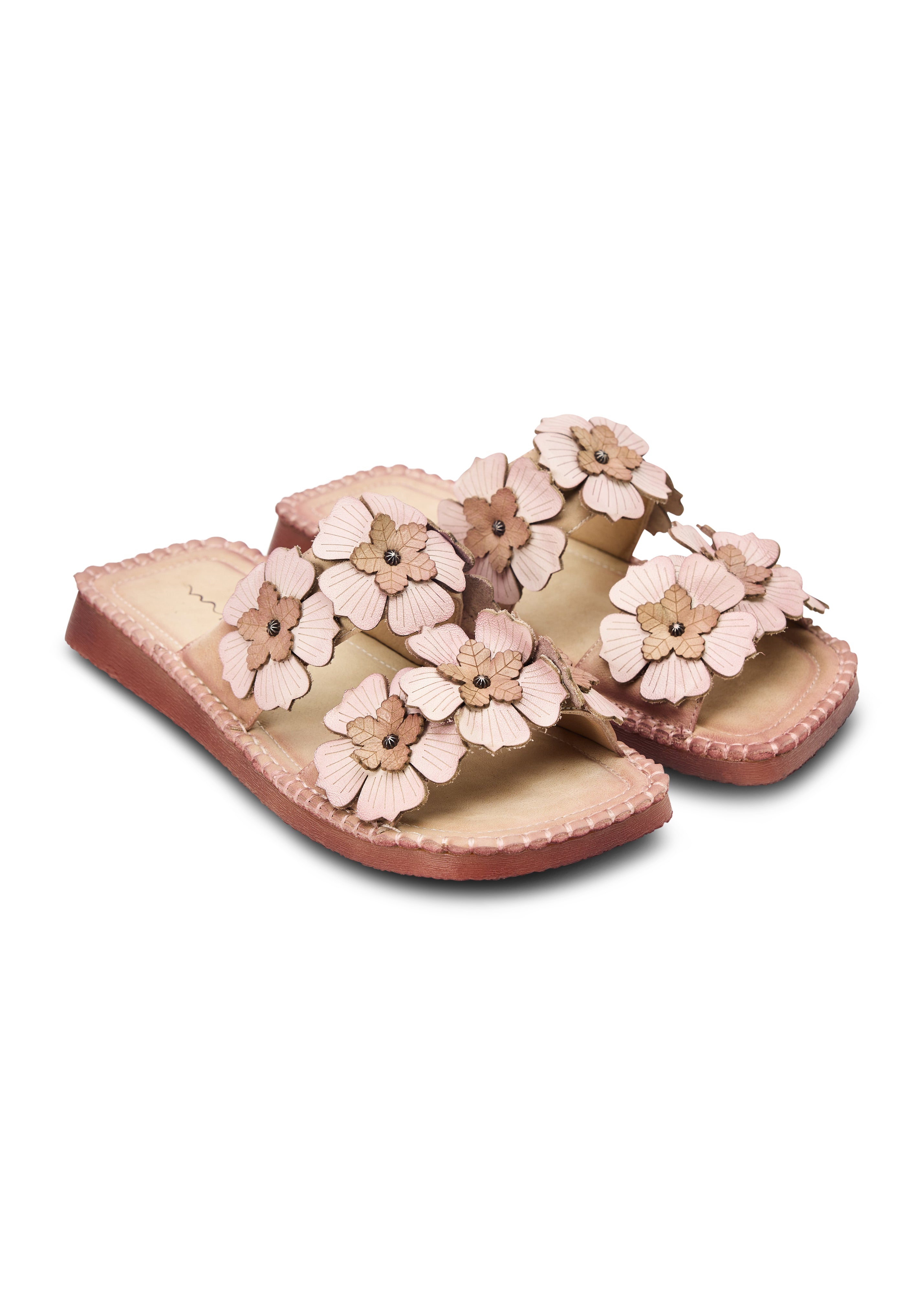 Women's two-strap flip-flops with large beige flowers