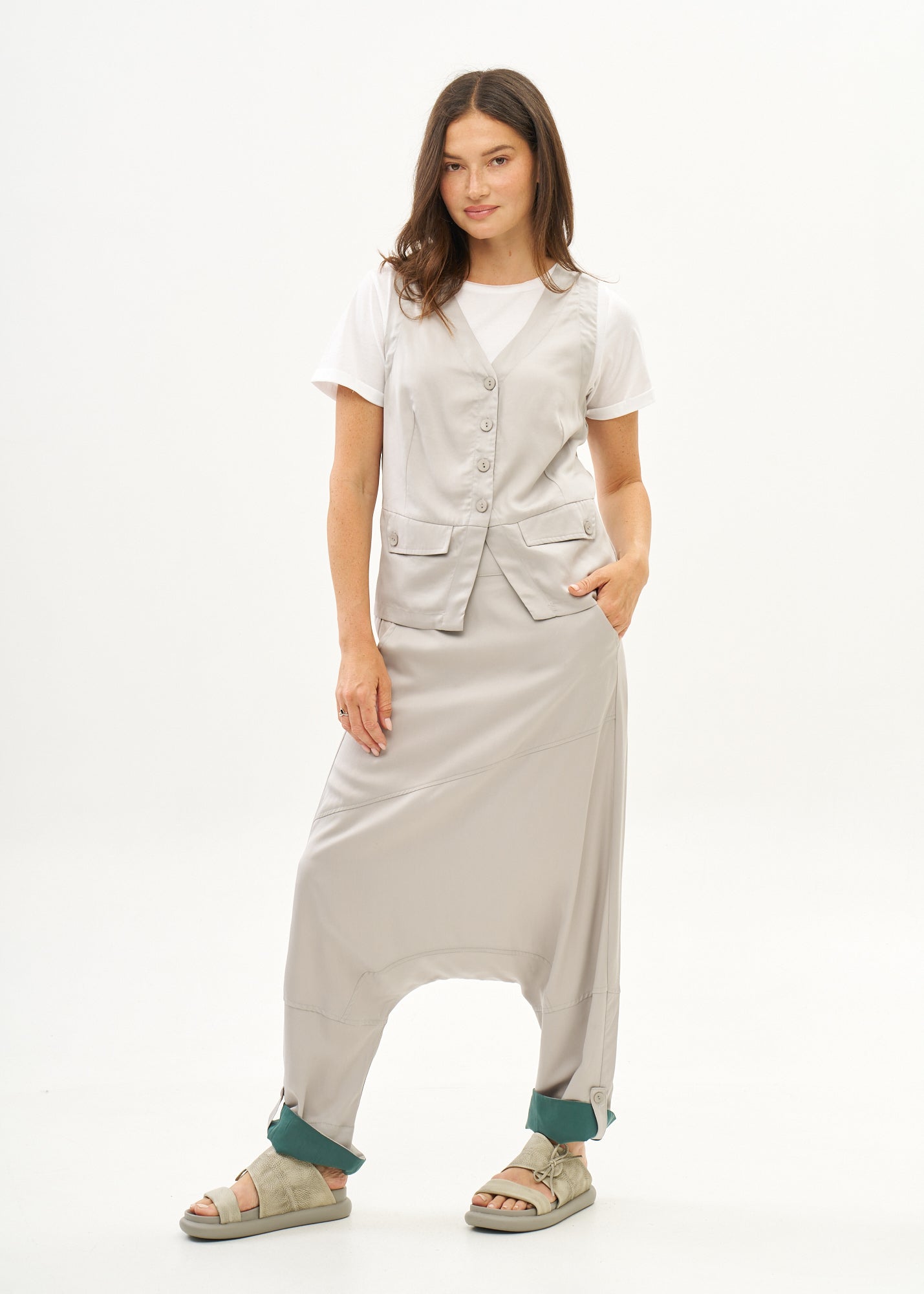 מכנסיים שקי שילוב צבע קיפול במכפלת אפור