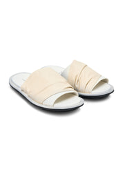 Women's leather sandals with pleats, stone color combination