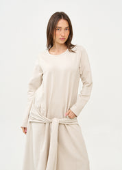 שמלה שרוול ארוך קשירה במותן בז'