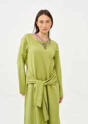 שמלה שרוול ארוך קשירה במותן ירוק