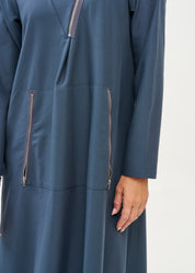 שמלה שרוול ארוך עם כובע ורוכסן כחול כהה