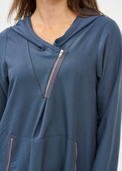 שמלה שרוול ארוך עם כובע ורוכסן כחול כהה