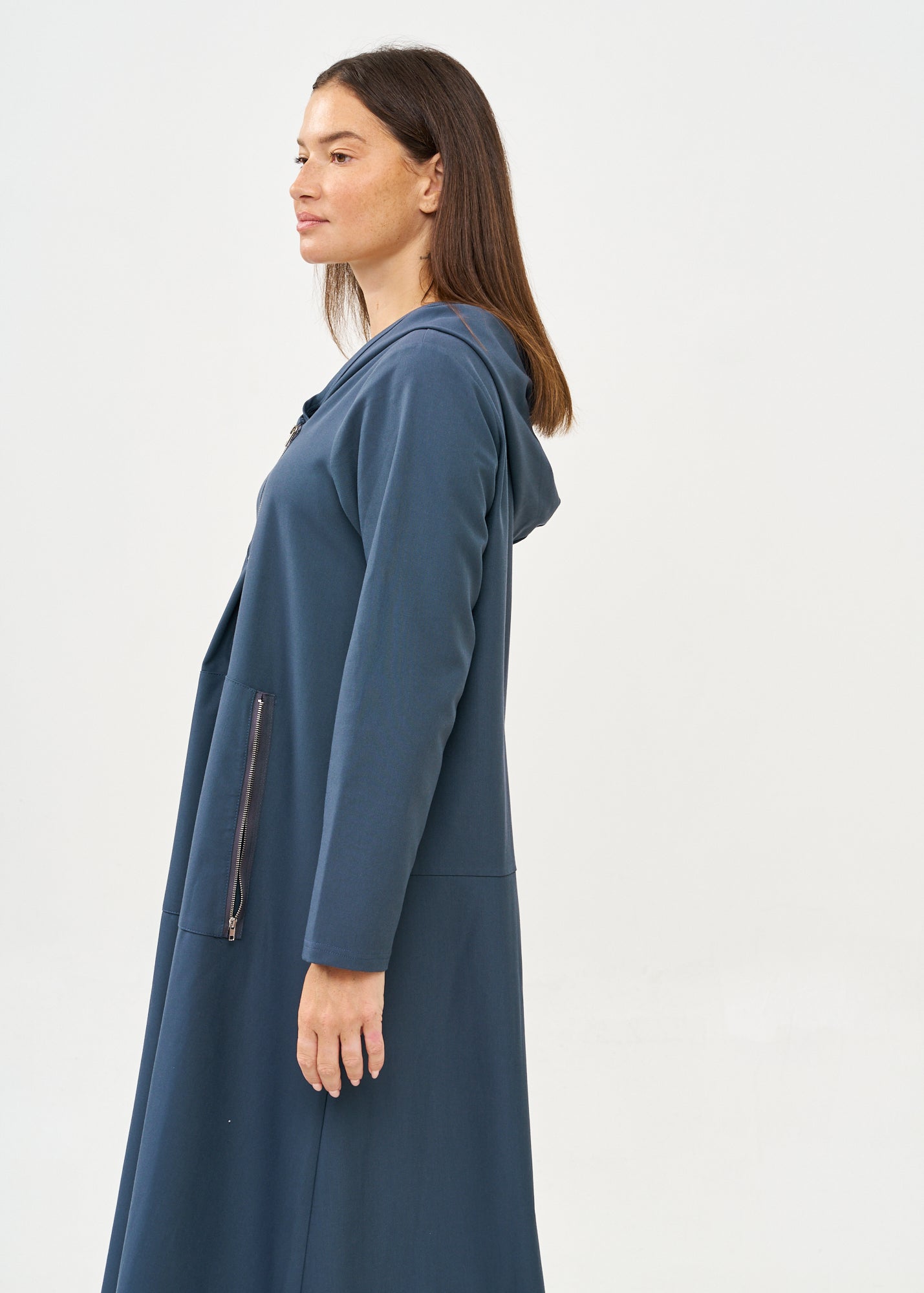 שמלה שרוול ארוך עם כובע ורוכסן כחול כהה