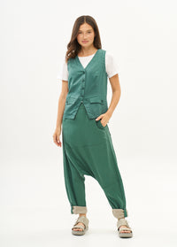 Green trousers with pleats, color combination, fold at the hem - 00