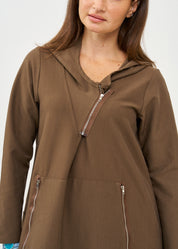 שמלה שרוול ארוך עם כובע ורוכסן חום