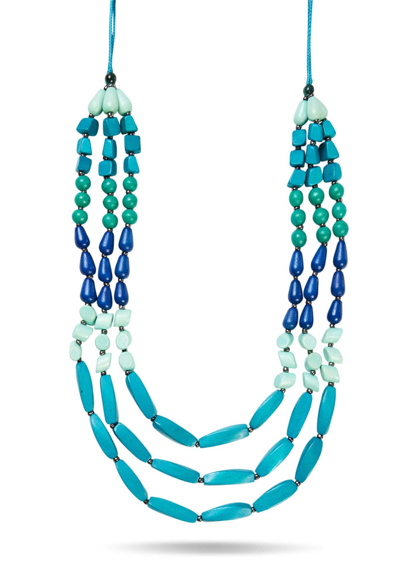 שרשרת חרוזי עץ בצורות שונות טורקיז