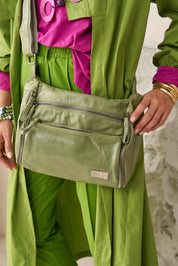 Green side pocket leather pouch bag