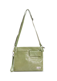 Leather evening bag with pocket and smoky light green flap - 99