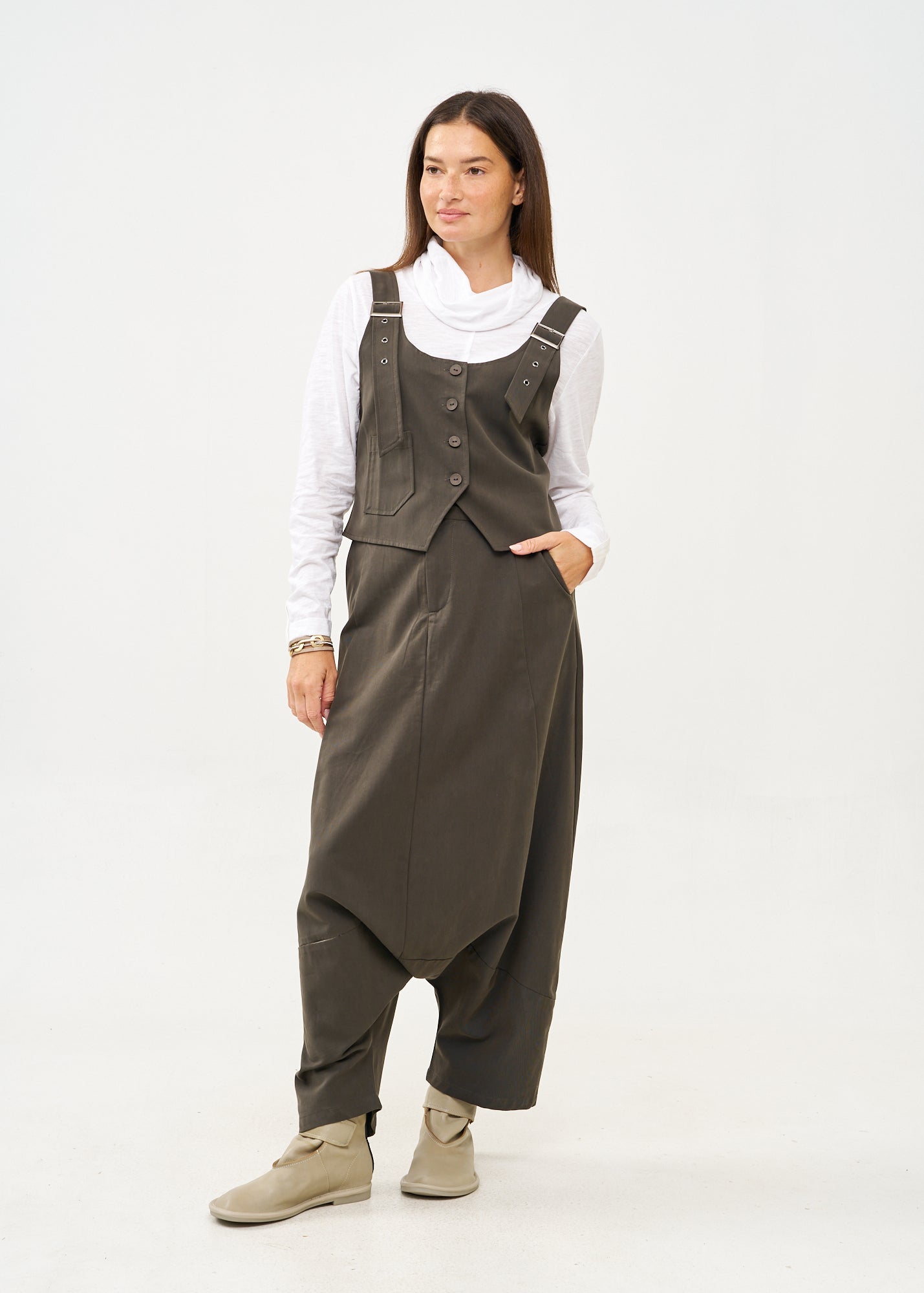 מכנס חצאית חתך עם כיס שילוב צבע אפור כהה