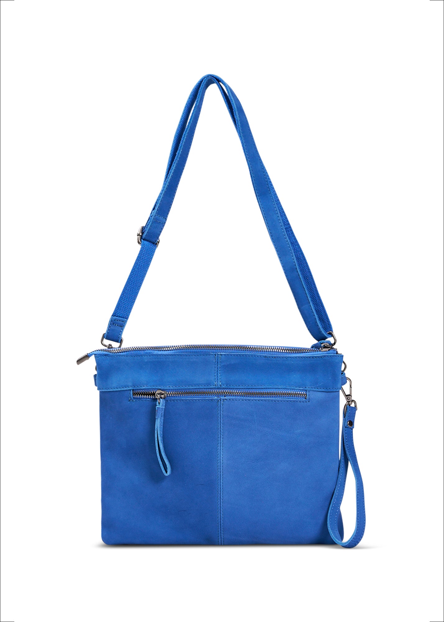 Leather evening bag with pocket and flap blue wash