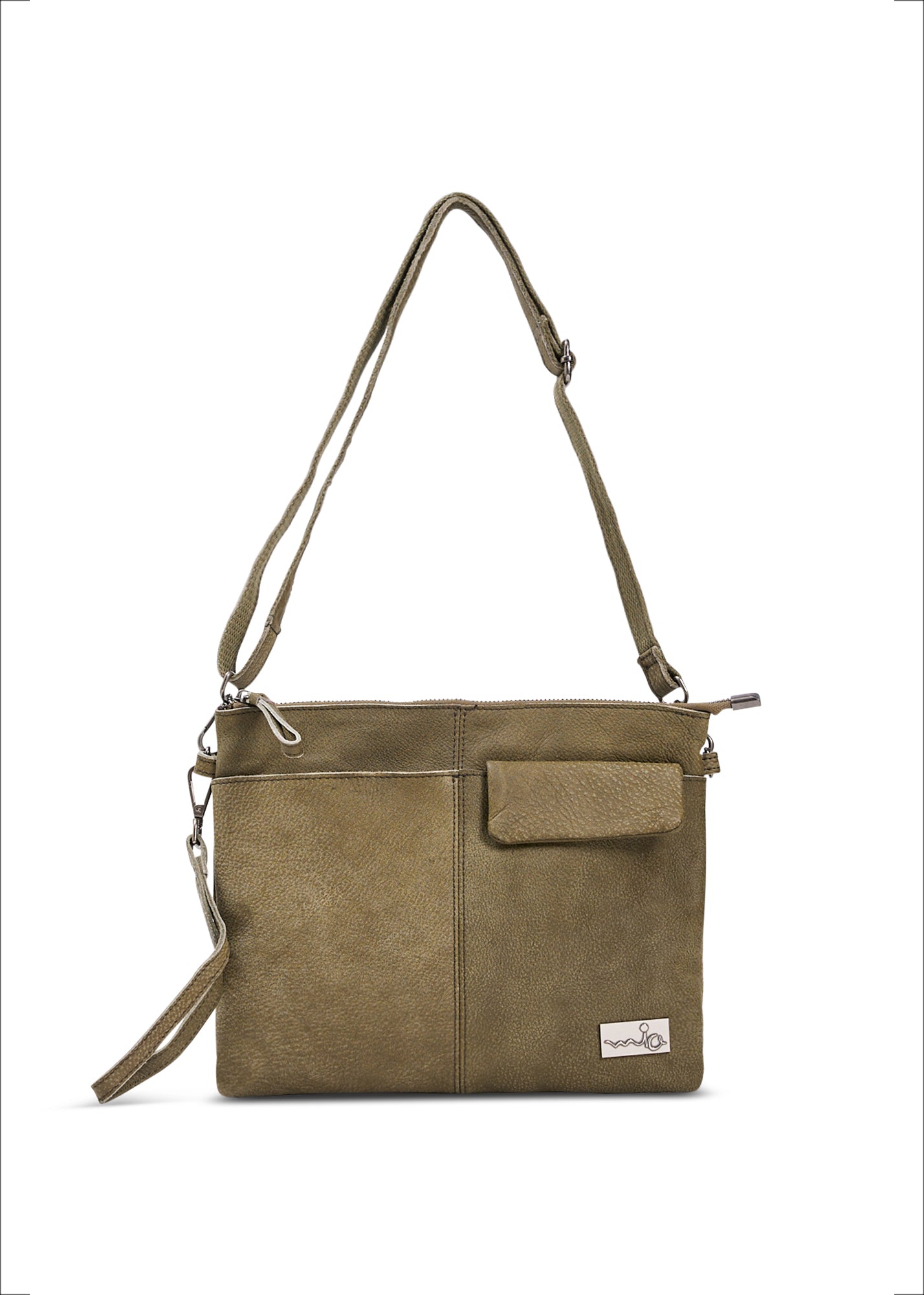 Leather evening bag with pocket and green flap