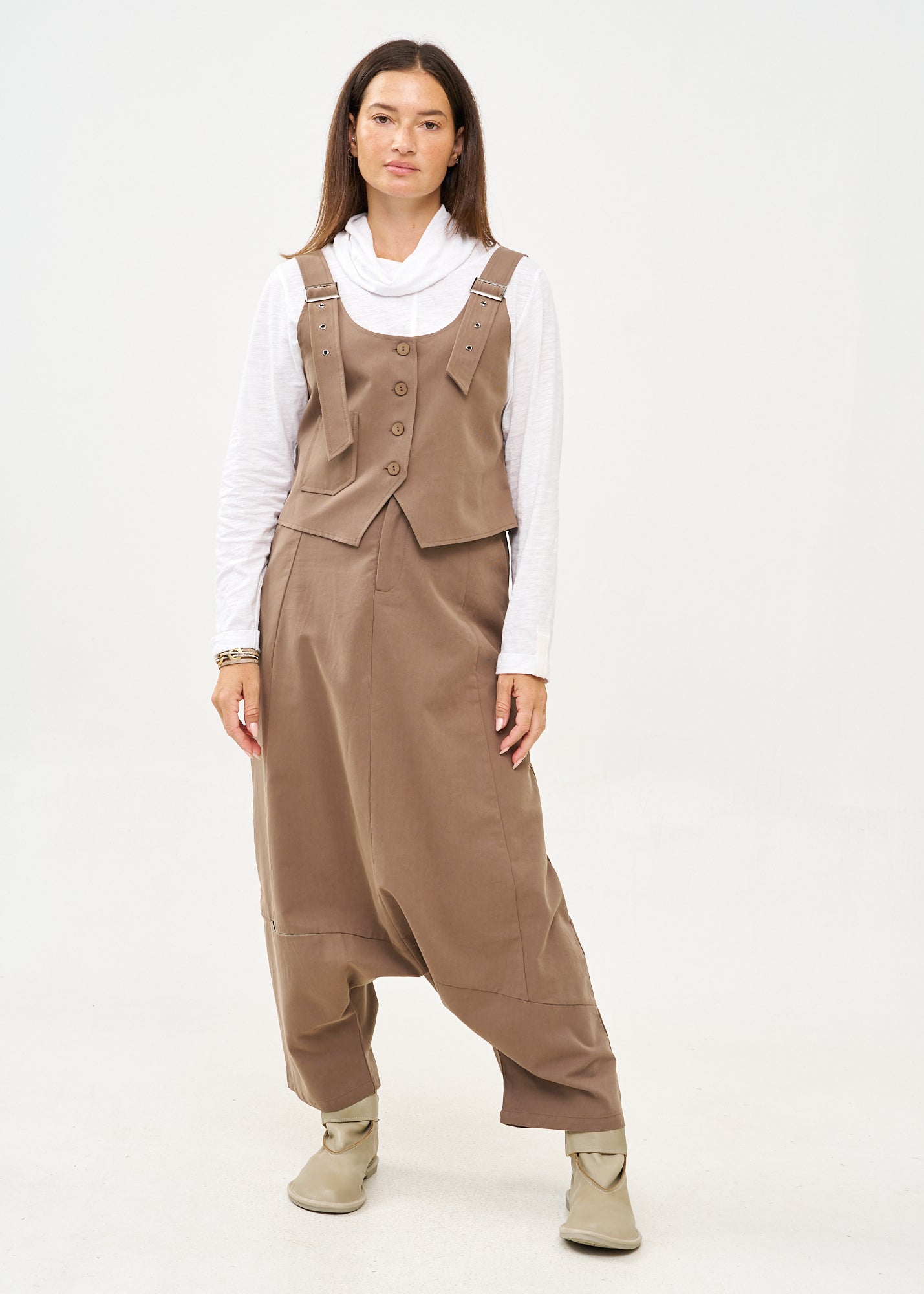 מכנס חצאית חתך עם כיס שילוב צבע חום