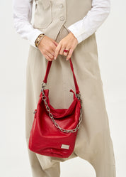 תיק עור ערב שילוב חוליות מתכת אדום