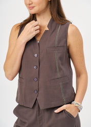 וסט שילוב סרט סולמות וכפתורים אפור כהה