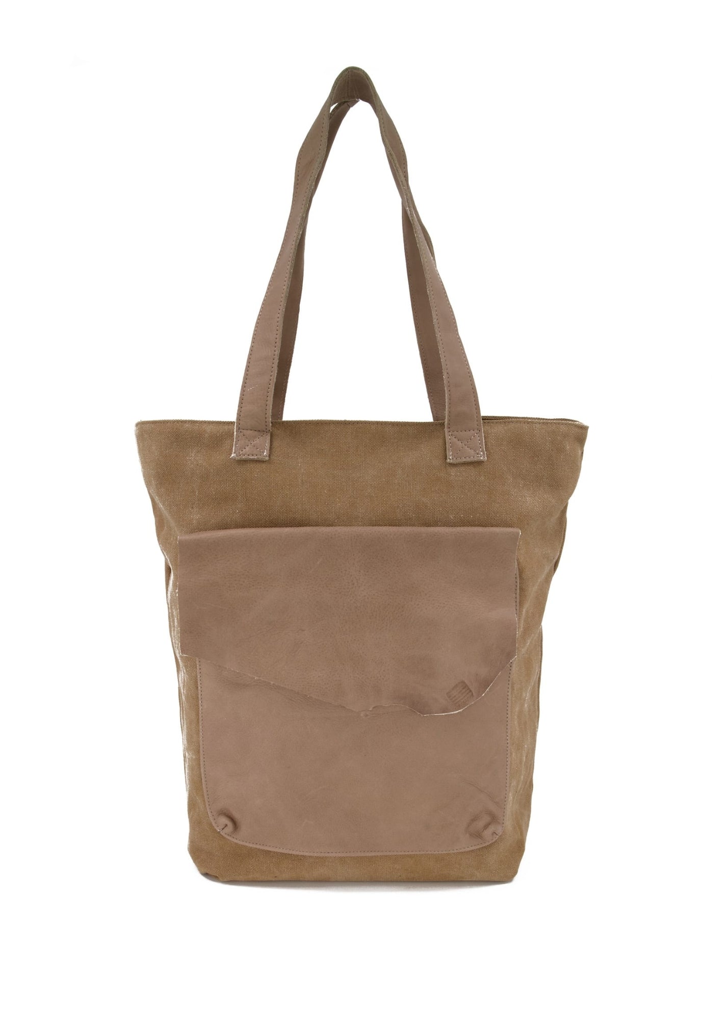 Side canvas bag with brown leather front pocket and flap