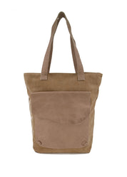 Side canvas bag with brown leather front pocket and flap