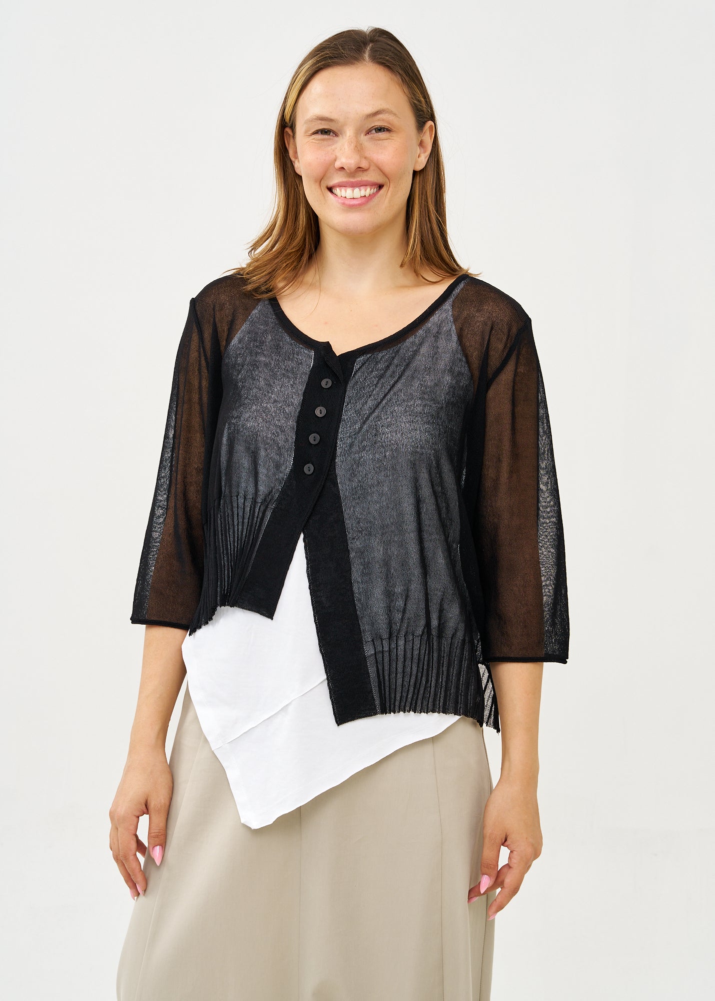 עליונית סריג דקה עם כפתורים שרוול 3/4 שחור