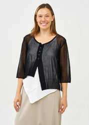 עליונית סריג דקה עם כפתורים שרוול 3/4 שחור