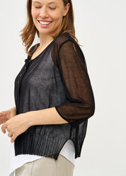 עליונית סריג דקה עם כפתורים שרוול 3/4 שחור