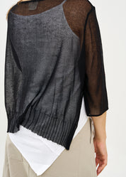 עליונית סריג דקה עם כפתורים שרוול 3/4 שחור