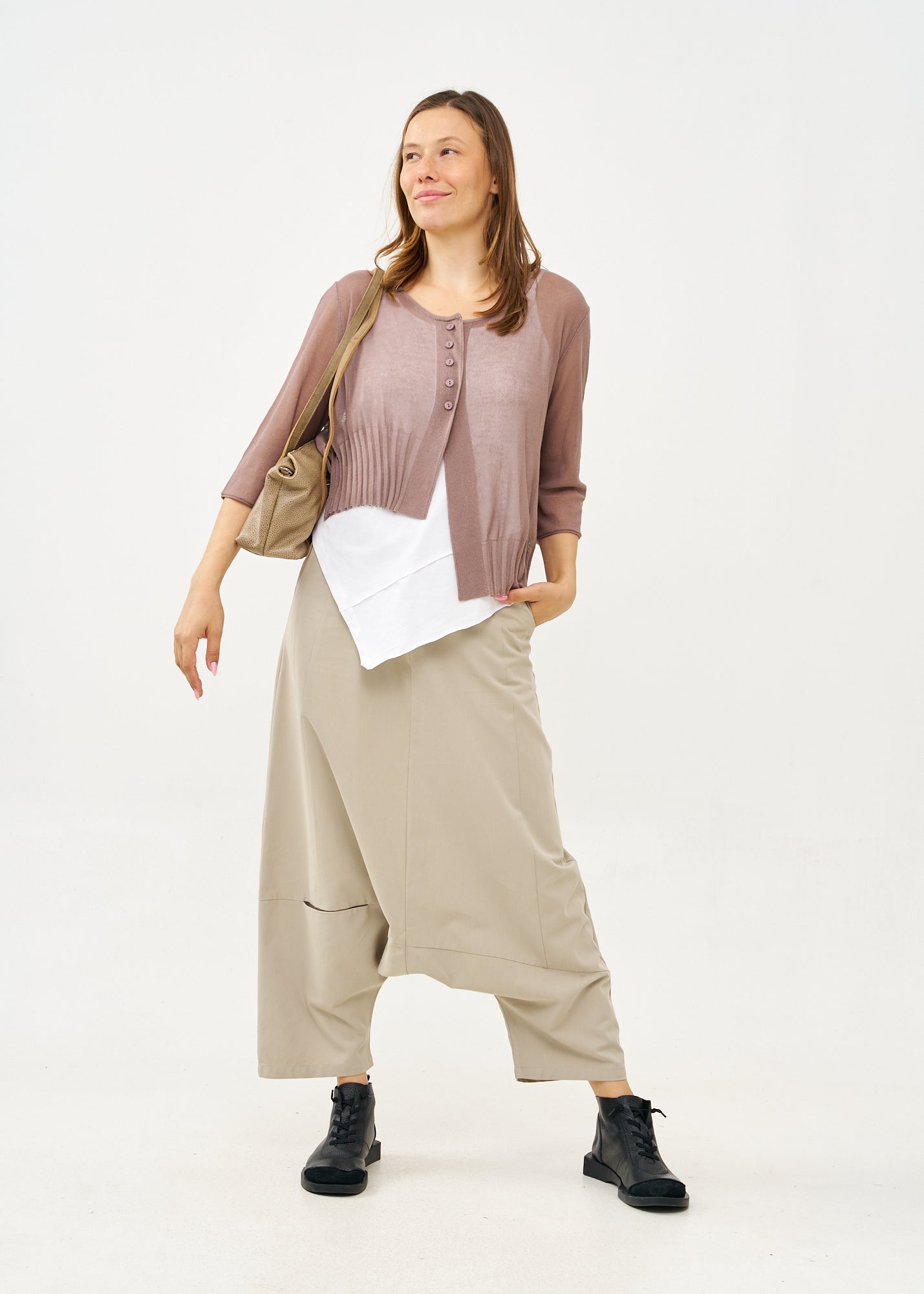 עליונית סריג דקה עם כפתורים שרוול 3/4 חום