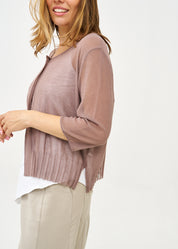 עליונית סריג דקה עם כפתורים שרוול 3/4 חום