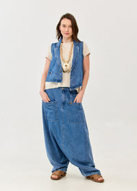 Washed dark blue denim skort with square pockets - 00