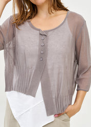 עליונית סריג דקה עם כפתורים שרוול 3/4 אפור