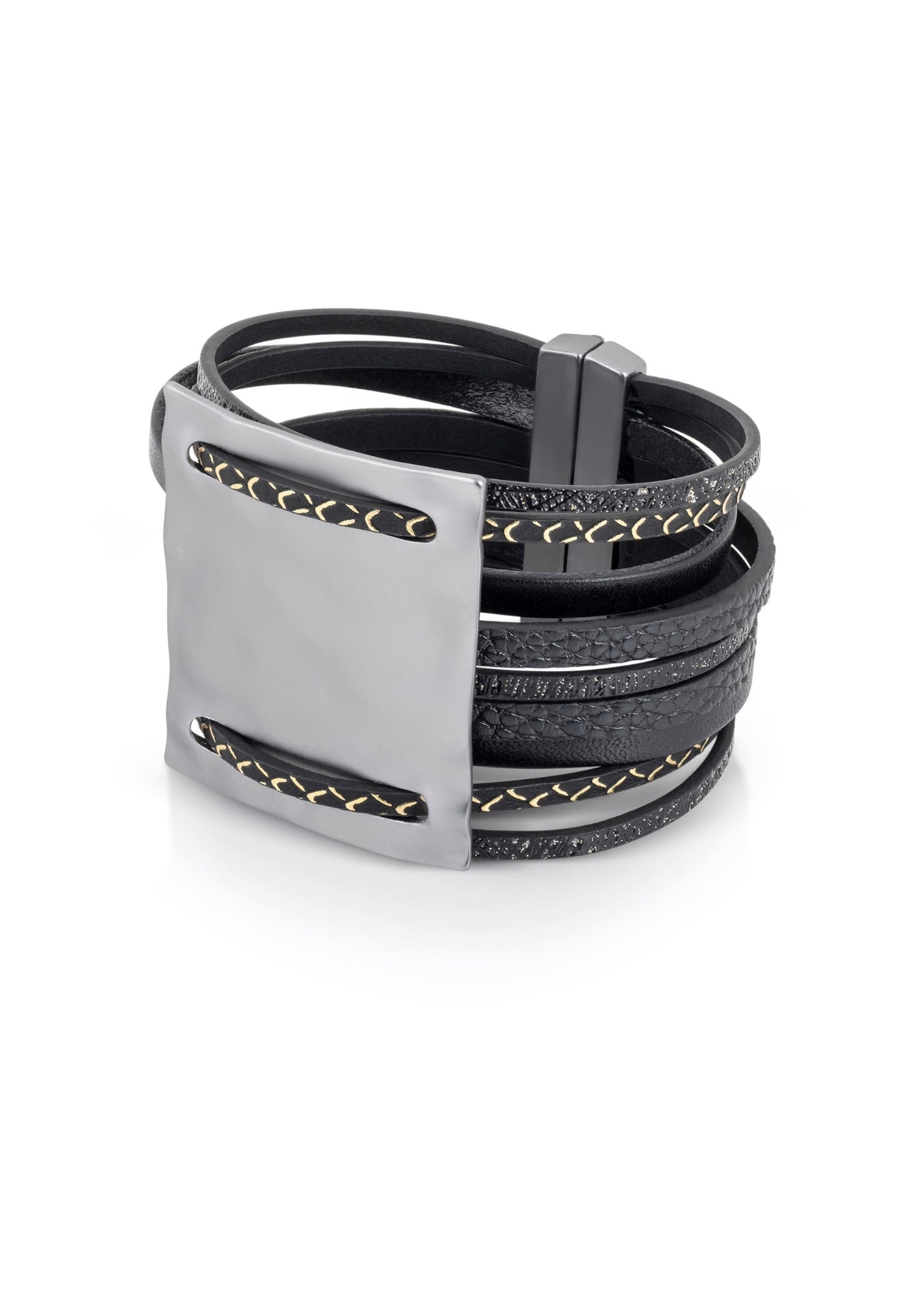 Leather bracelet with a black embossed flat metal cube