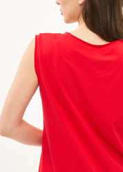 Red top with diagonal stitching