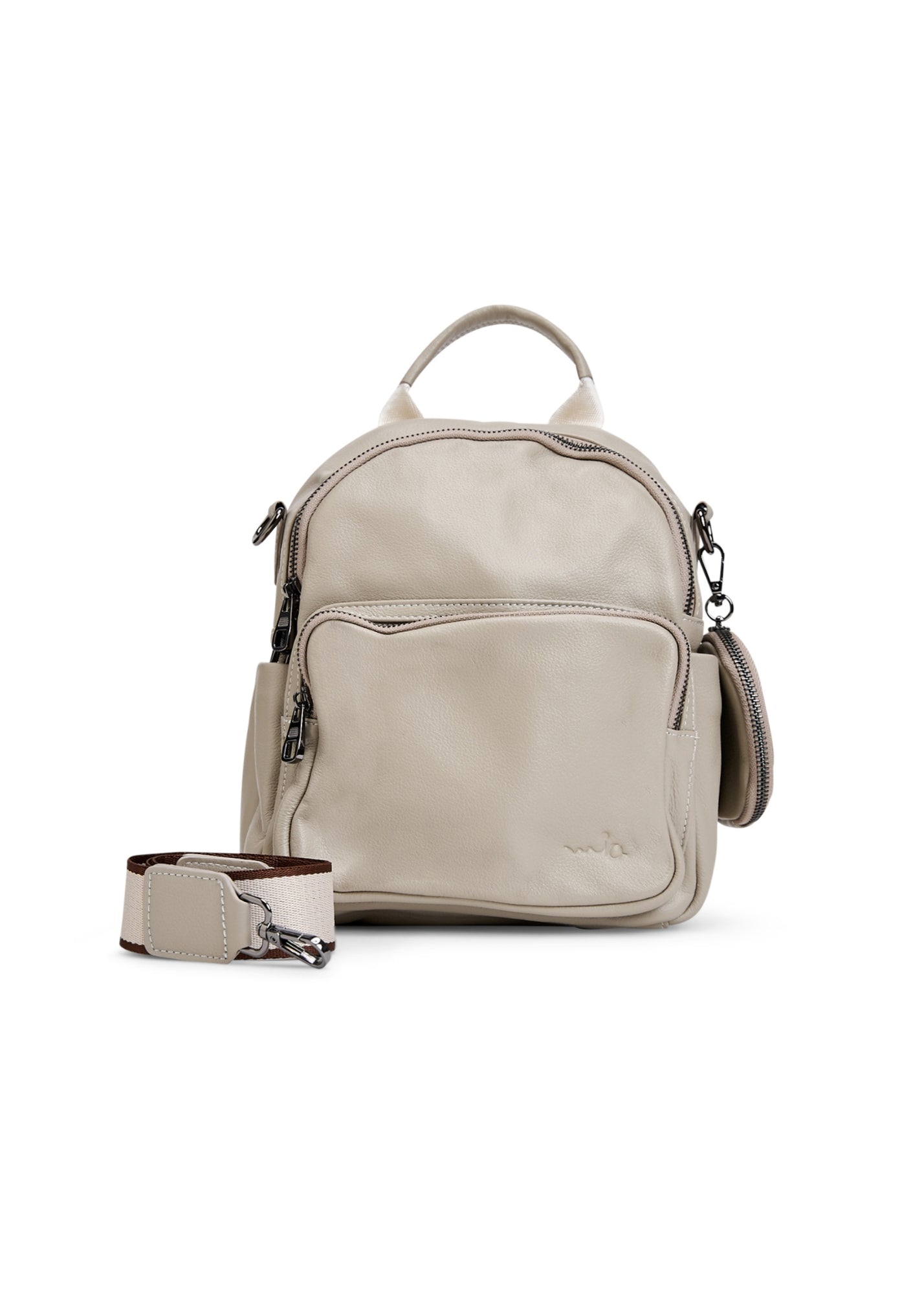 Leather backpack front pocket and stone wallet