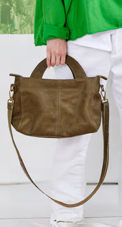 Rectangular leather evening bag with a large semicircle handle, dark gray