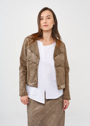 Short jacket with buttons on the back and large pockets on the front, brown wash