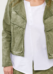 Short jacket with buttons on the back and large pockets on the front, green wash