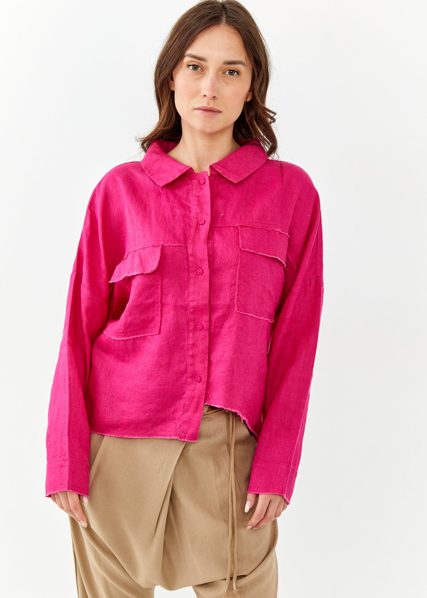 Fuchsia pink asymmetric outer stitching linen button-down