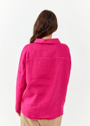 Fuchsia pink asymmetric outer stitching linen button-down